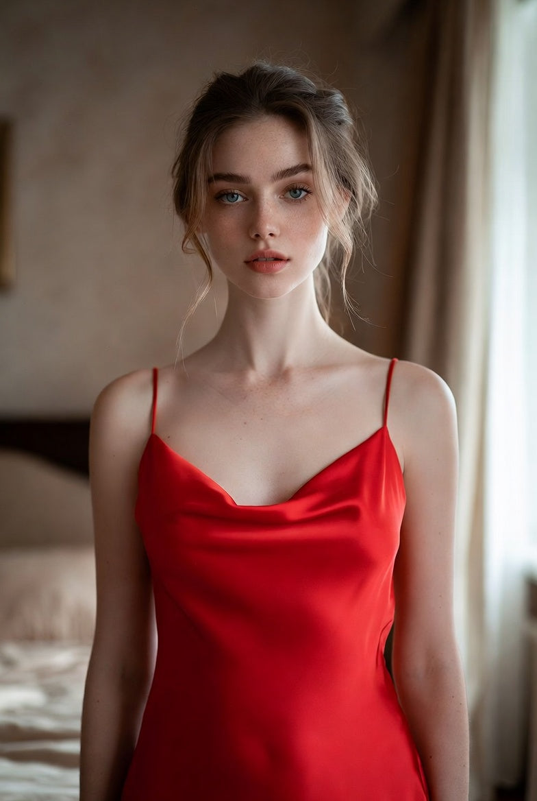 Soft Noir SP-006 Silk-Like Satin Slip Dress Nightgown for Women
