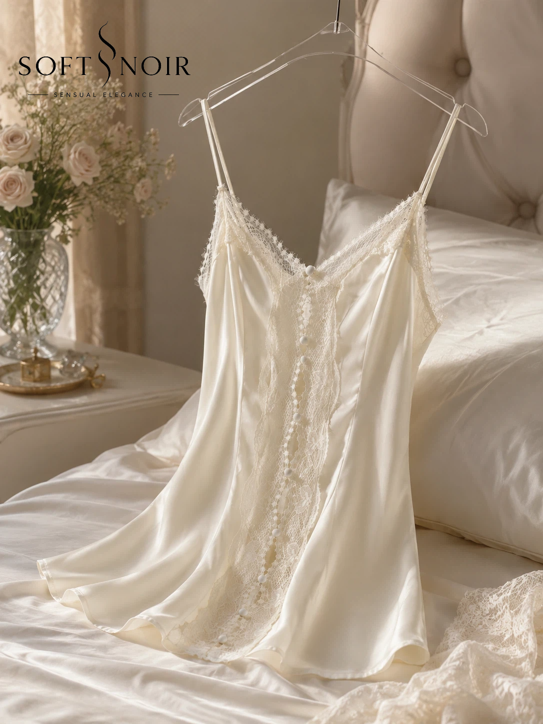 Soft Noir SP-004 Lace-Trim Satin Chemise Sleep Dress