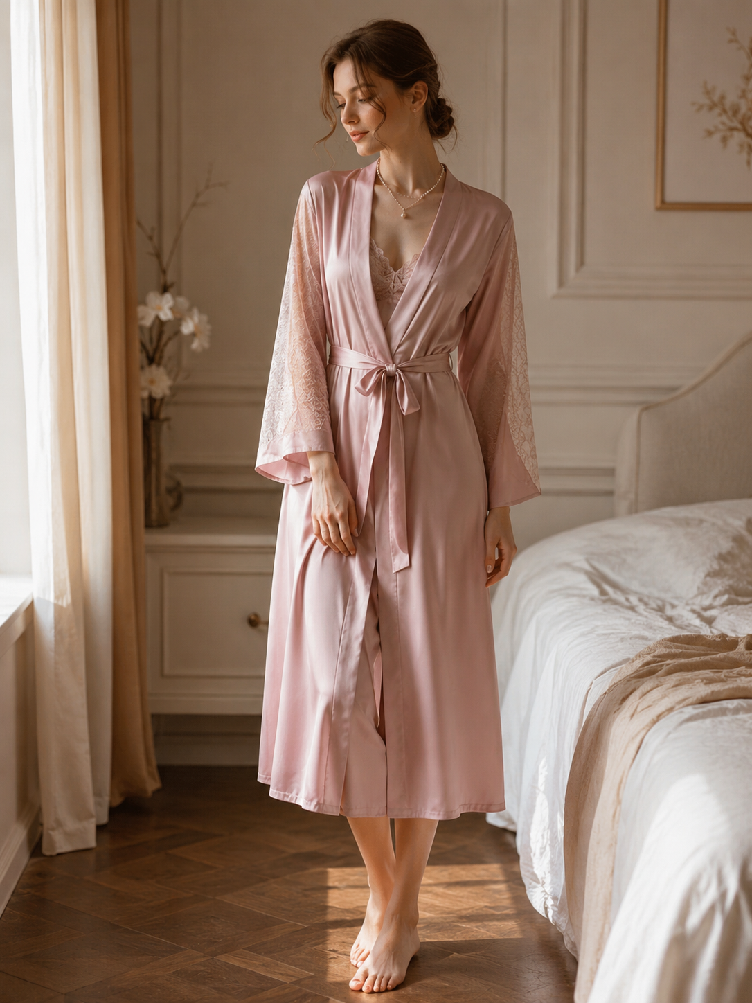 Soft Noir Satin SPT-006 Lace Robe & Slip Dress Set