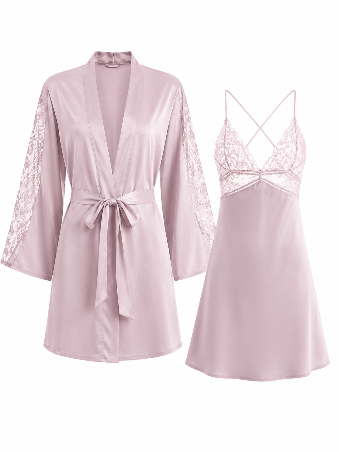 Soft Noir Satin SPT-006 Lace Robe & Slip Dress Set