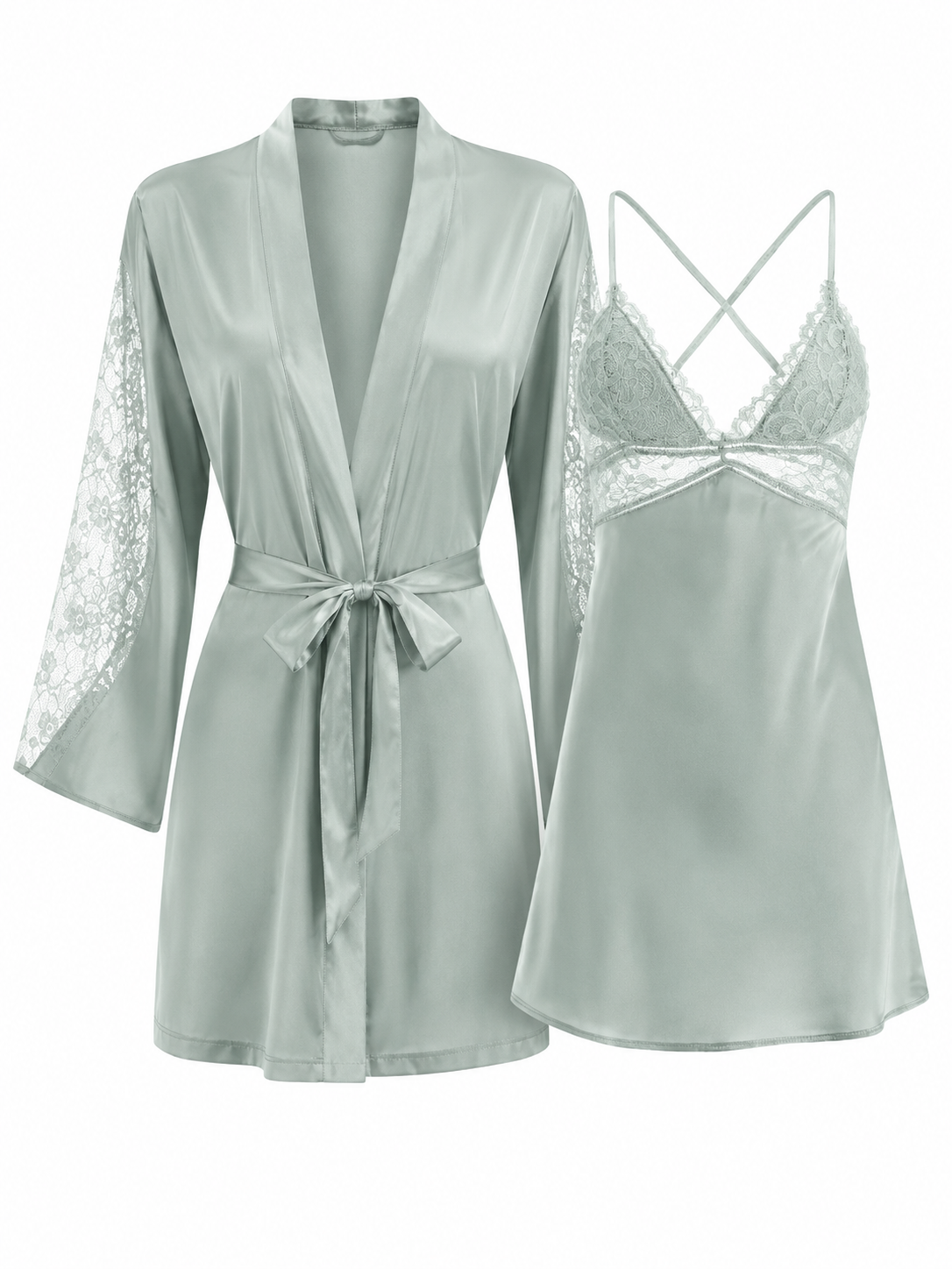 Soft Noir Satin SPT-006 Lace Robe & Slip Dress Set