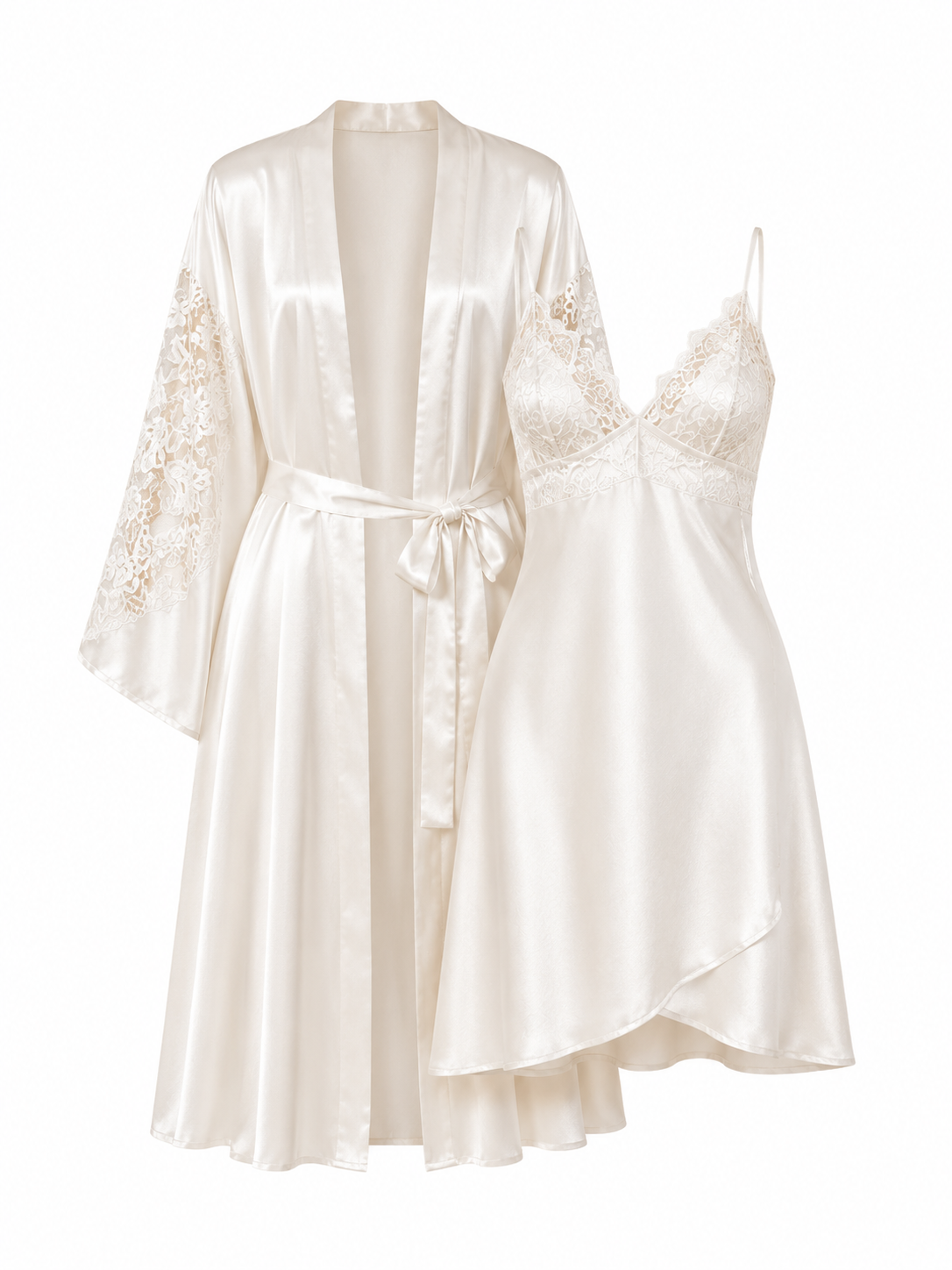 Soft Noir Satin SPT-006 Lace Robe & Slip Dress Set