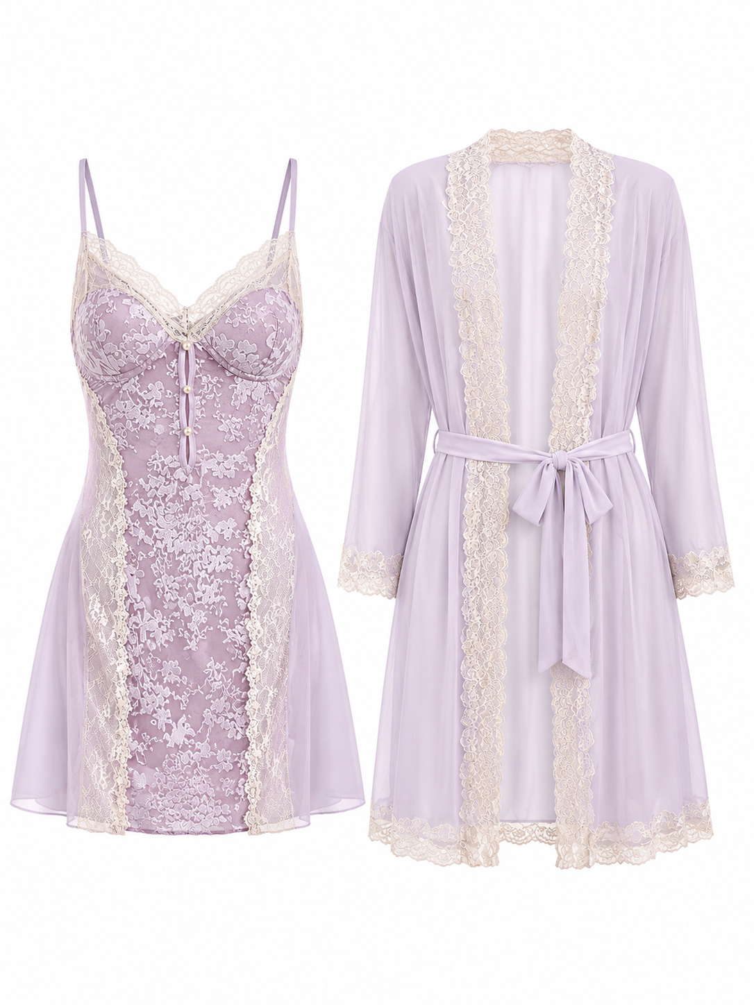 Soft Noir Aurora Lace Embroidered Chemise & Sheer Robe Set