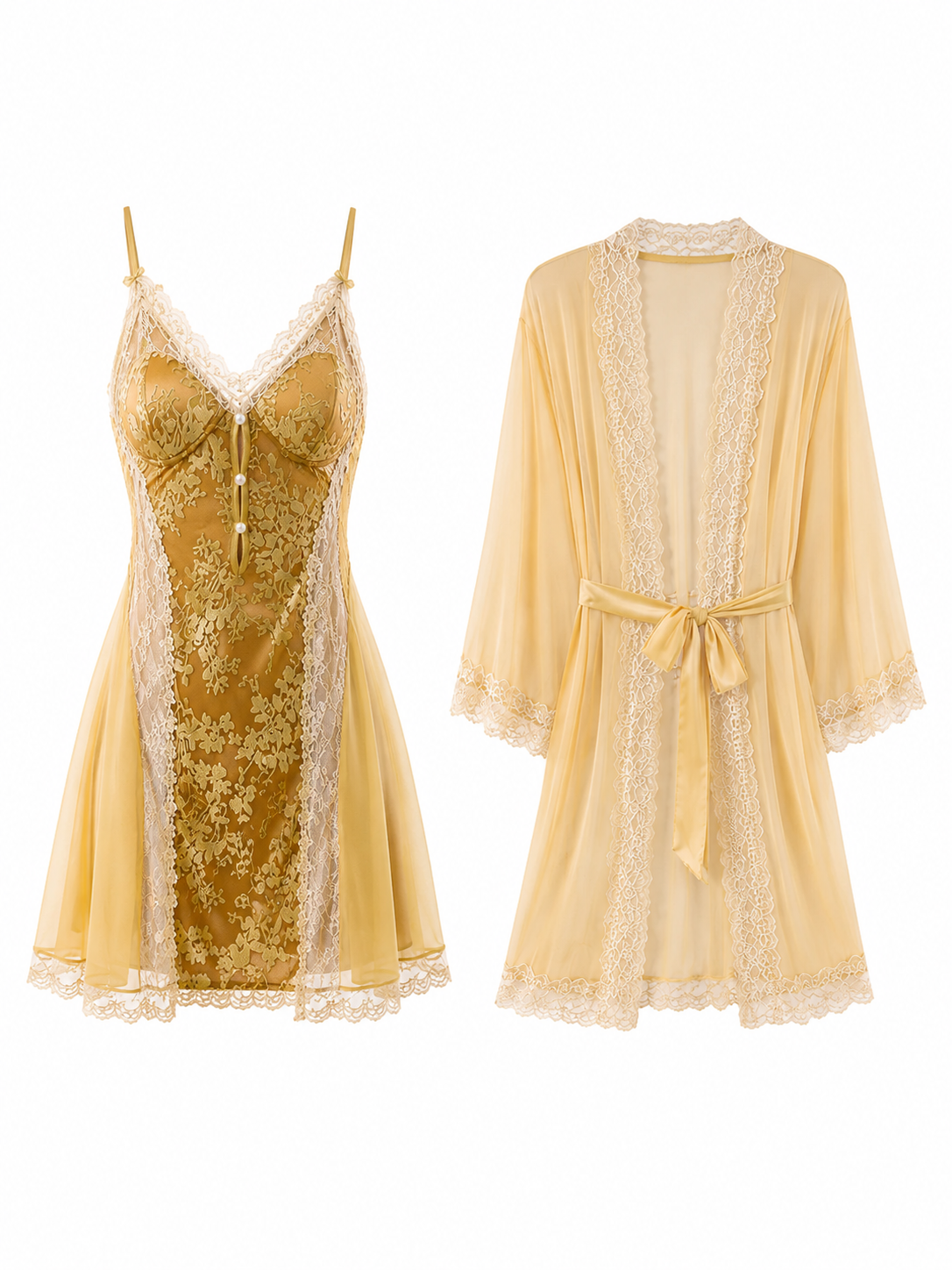 Soft Noir Aurora Lace Embroidered Chemise & Sheer Robe Set