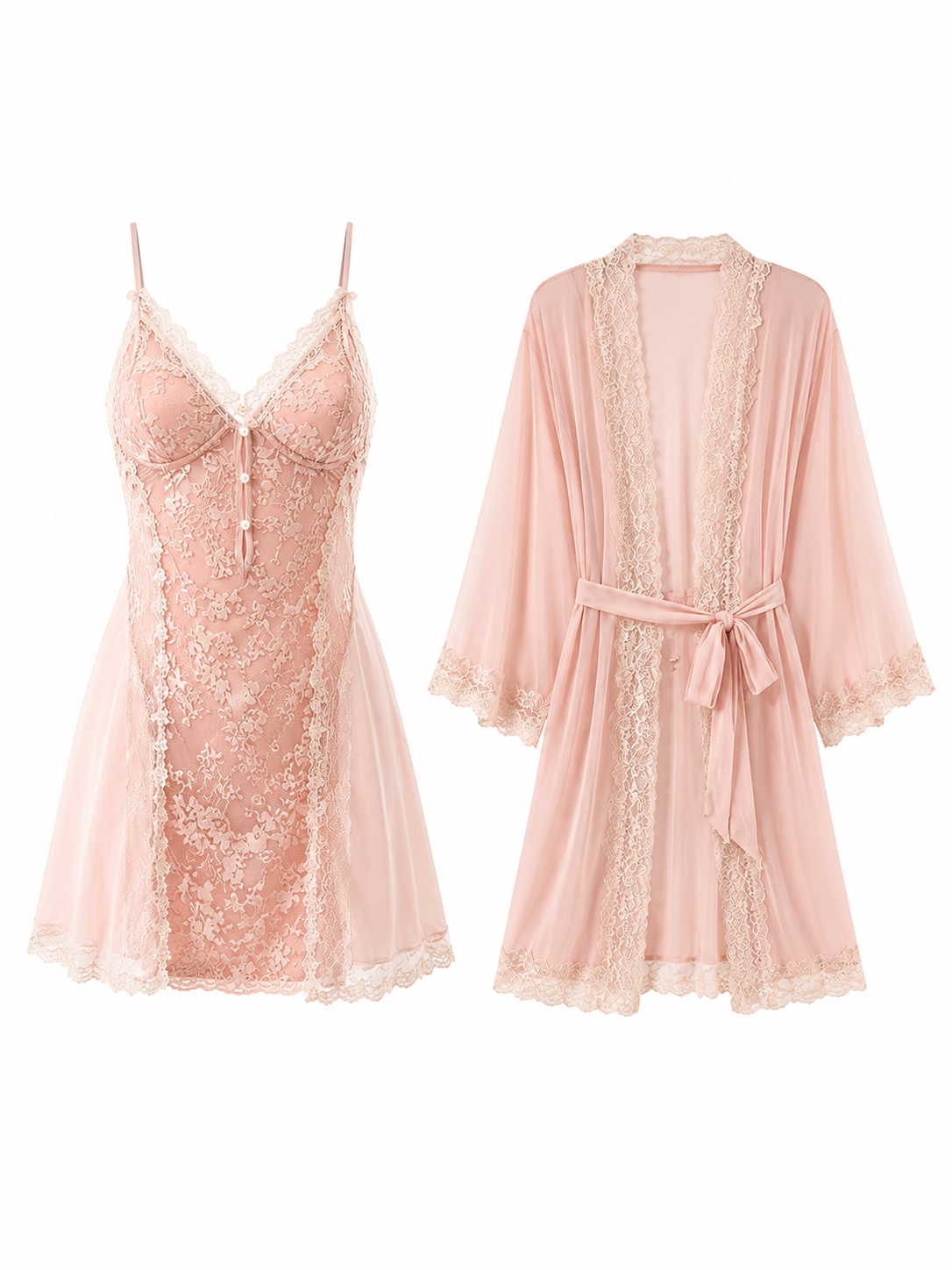 Soft Noir Aurora Lace Embroidered Chemise & Sheer Robe Set