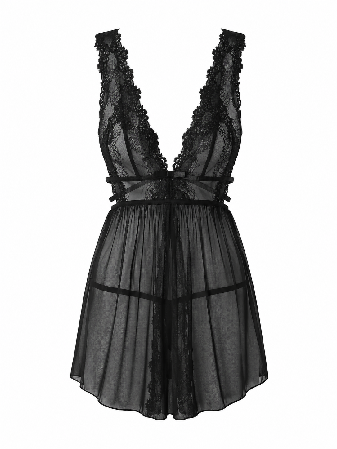 Soft Noir Sheer Lace Mesh Babydoll Nightgown – Deep V Lingerie Dress