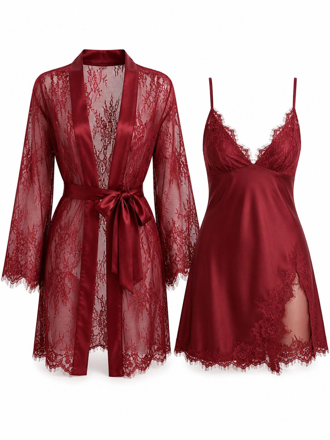 Soft Noir Lace Satin Slip Dress & Robe Set – Romantic Bridal Nightgown