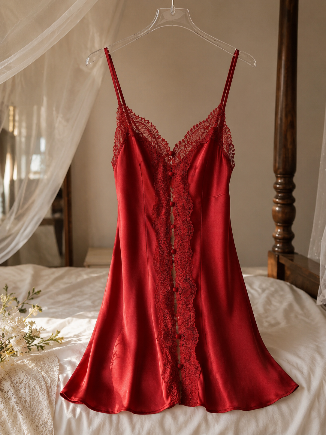 Soft Noir SP-004 Lace-Trim Satin Chemise Sleep Dress