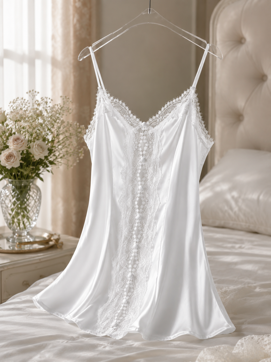 Soft Noir SP-004 Lace-Trim Satin Chemise Sleep Dress