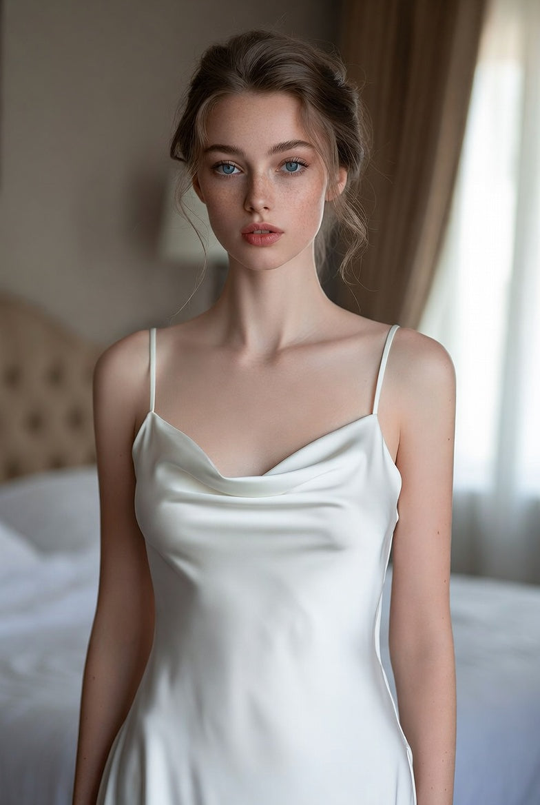 Soft Noir SP-006 Silk-Like Satin Slip Dress Nightgown for Women