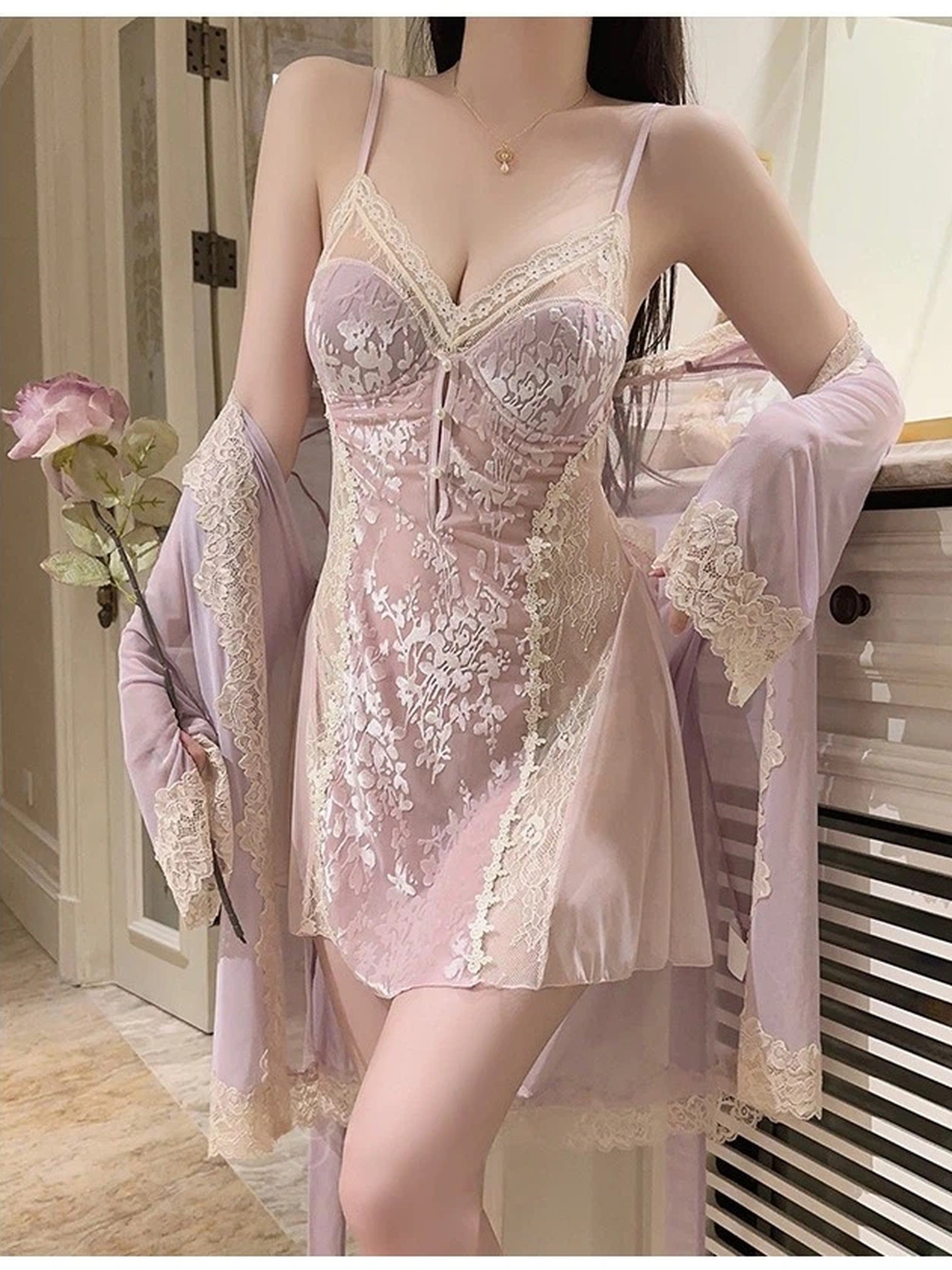 Soft Noir Aurora Lace Embroidered Chemise & Sheer Robe Set