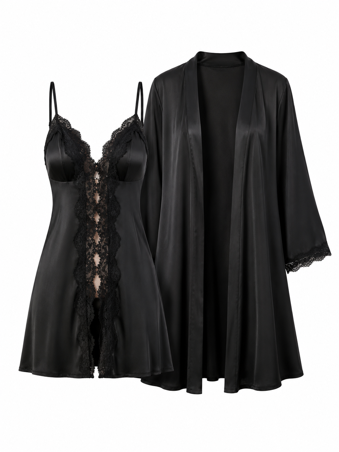 Soft Noir black lace panel satin slip dress and matching robe set on white background