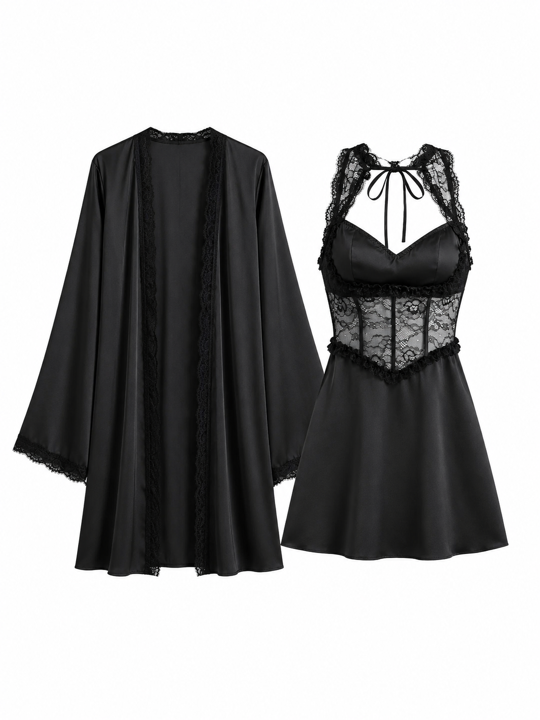 Black lace satin babydoll and matching robe set on white background