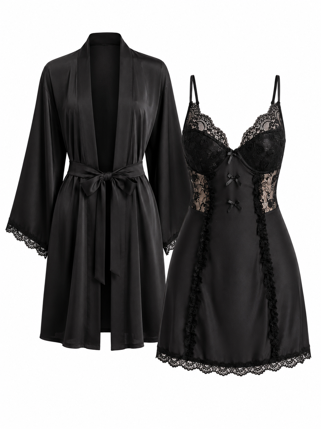 Soft Noir black lace slip nightdress and matching robe set on white background