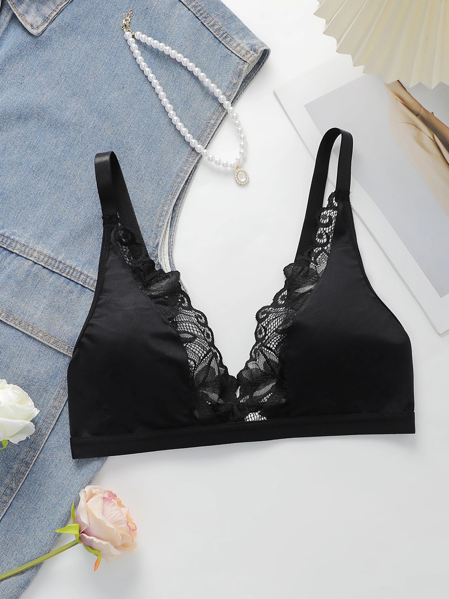 Soft Noir black lace trim deep V wireless bralette flat lay