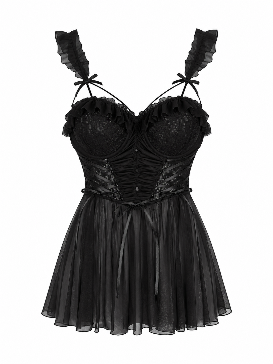 Soft Noir black lace-up mesh babydoll nightdress on white background