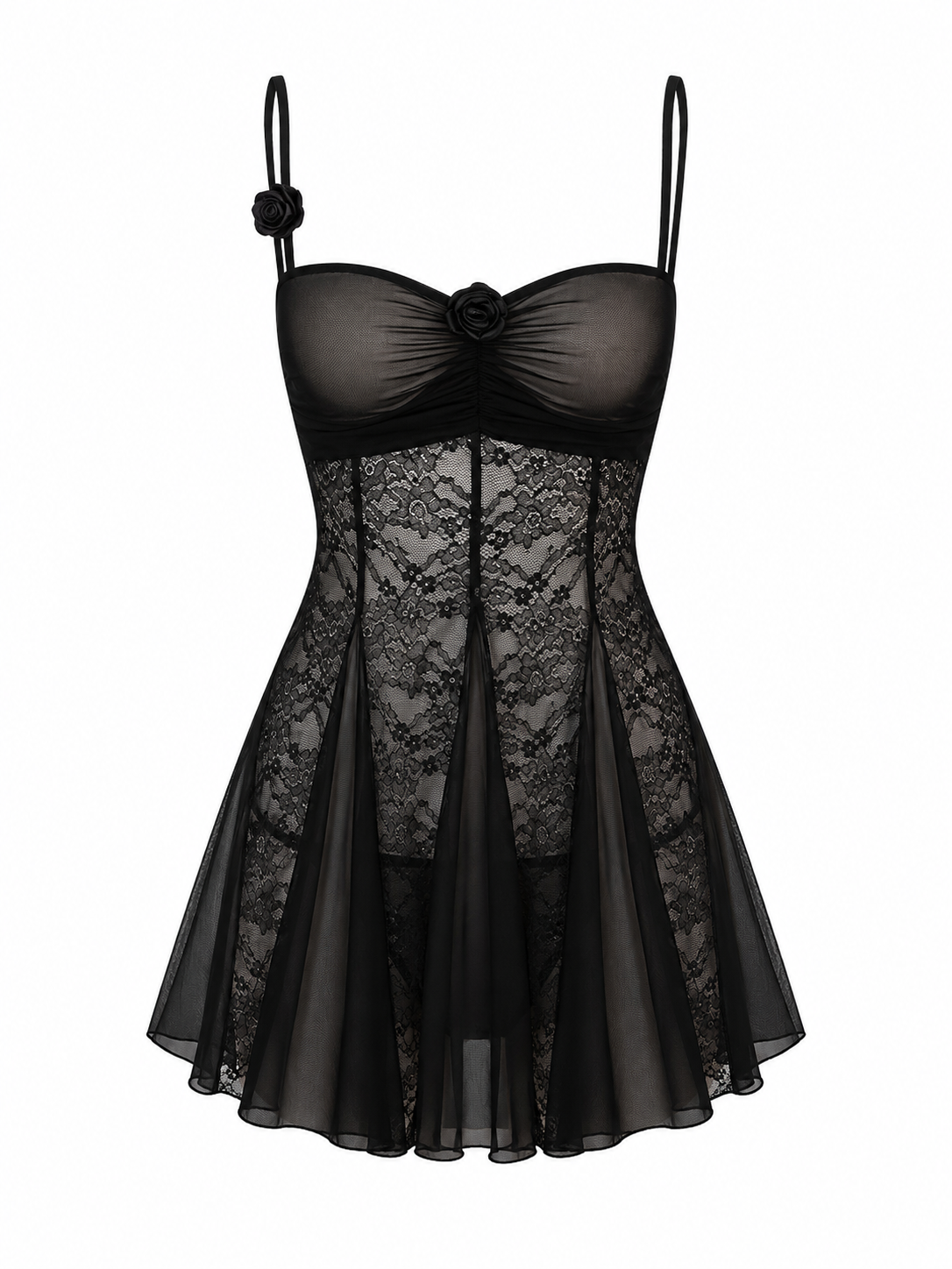 Soft Noir black rose lace sheer babydoll chemise nightdress on white background