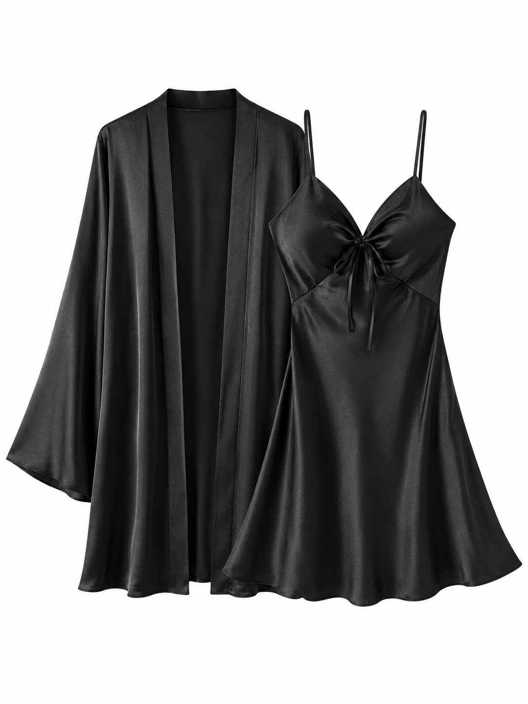 Soft Noir black satin bow slip dress and matching robe set on white background