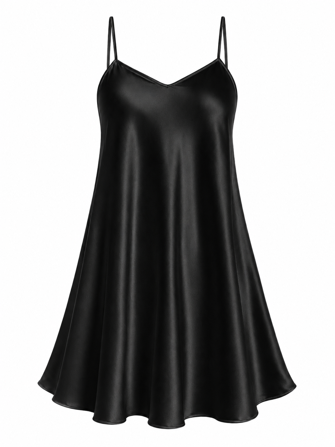 Black satin chemise nightgown with slim straps on white background