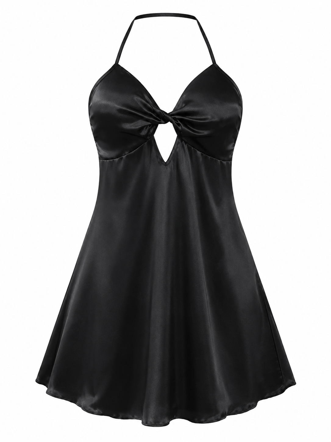 Black satin halter chemise nightdress on white background