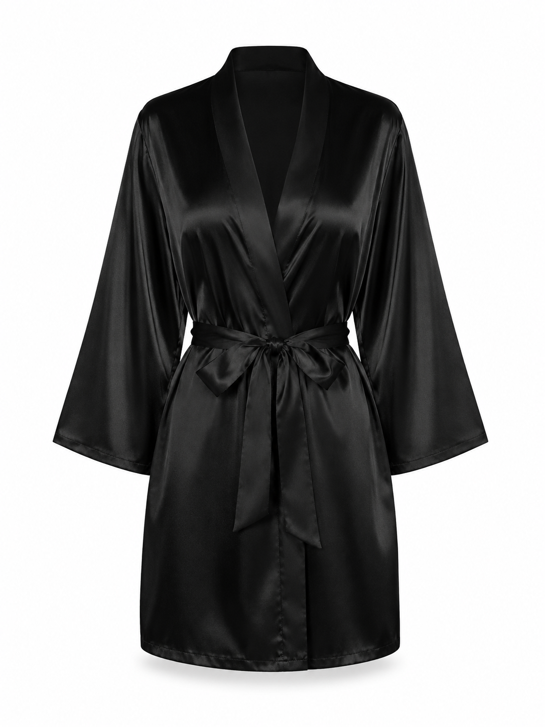 Soft Noir black satin kimono robe with tie waist on white background