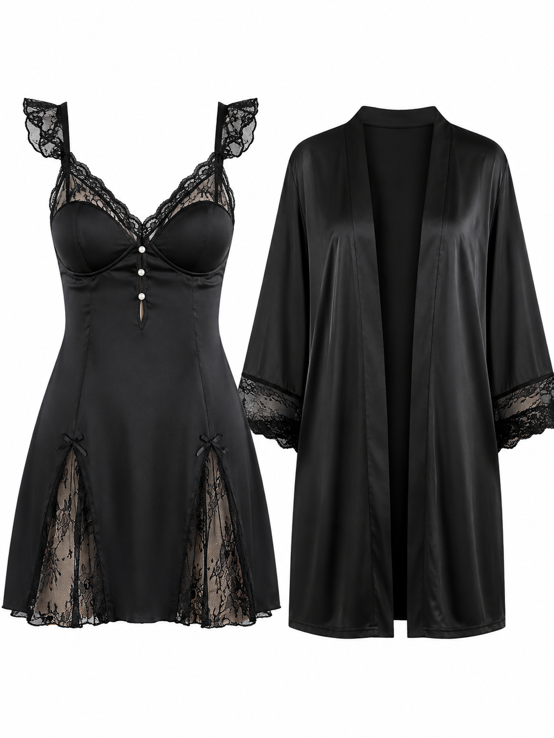 Soft Noir black satin lace chemise nightdress and robe set on white background