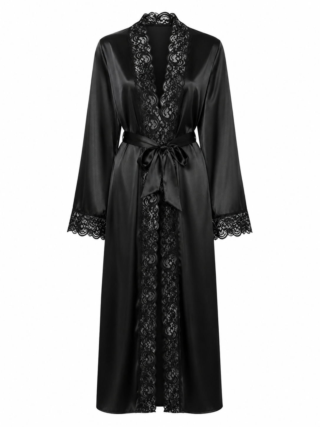 Soft Noir black satin lace long robe on white background