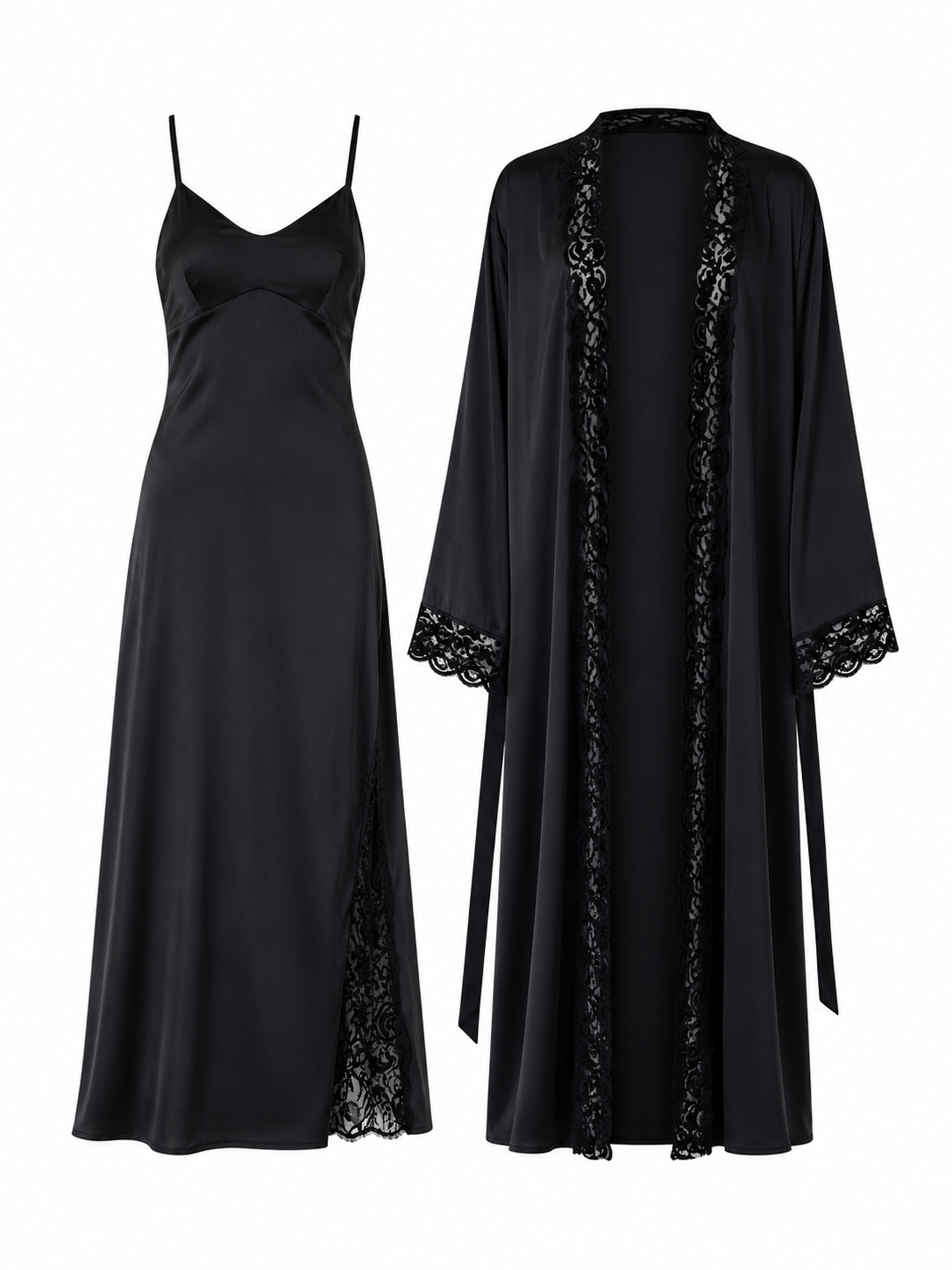Soft Noir black satin slip dress and lace robe set on white background