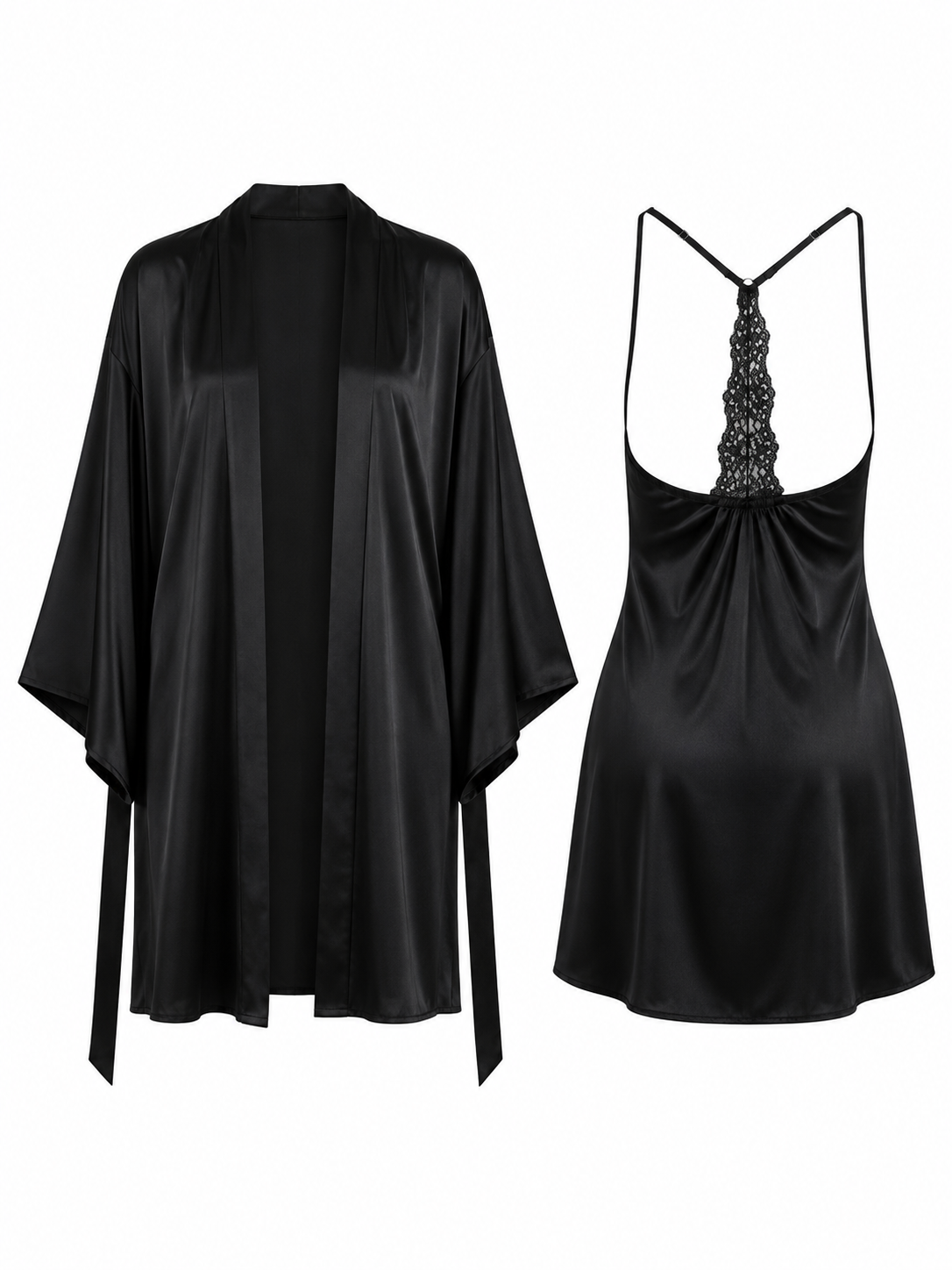 Soft Noir black satin slip nightdress and matching robe set back view