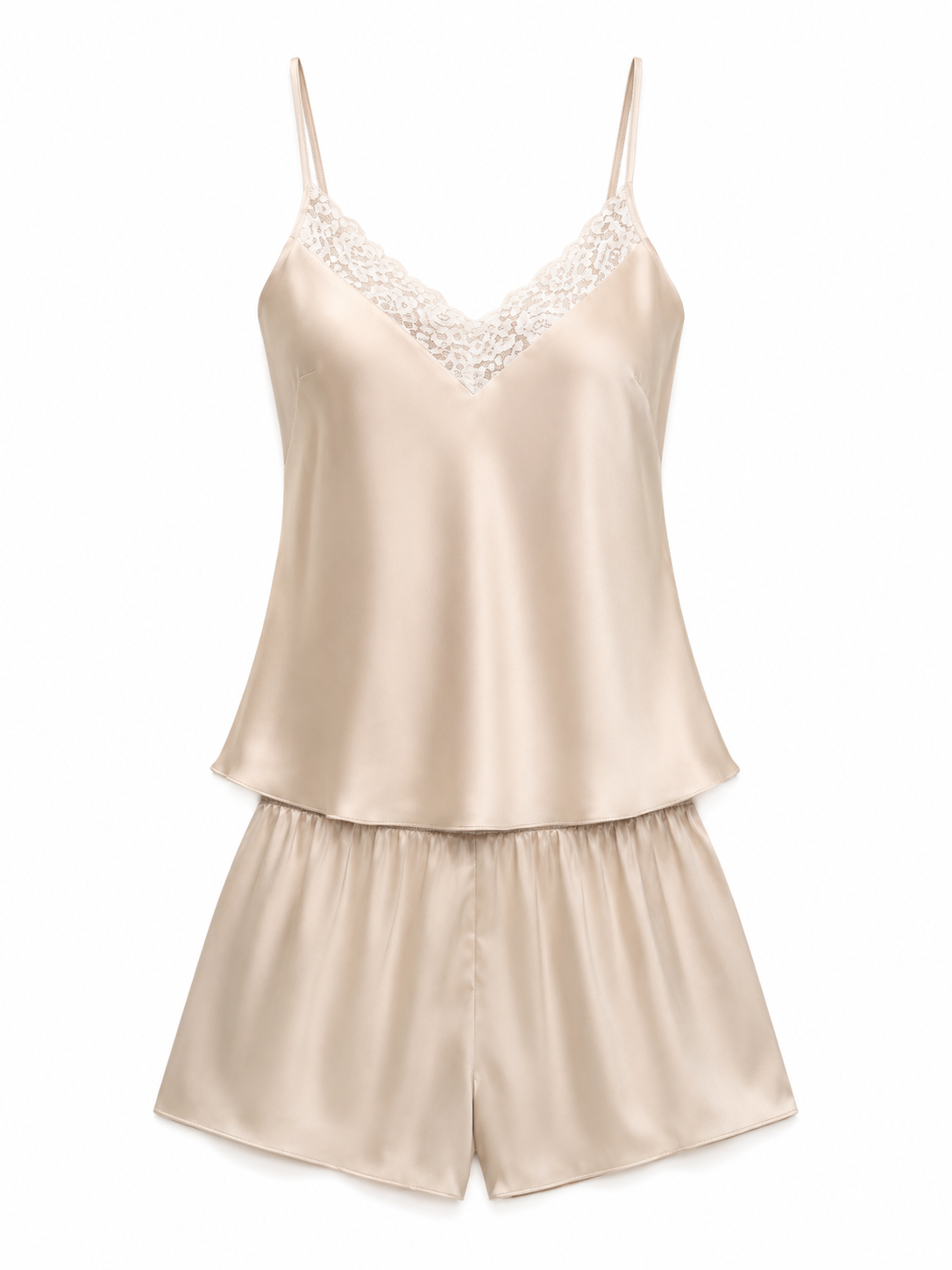 Black satin camisole and shorts pajama set with white lace trim on white background