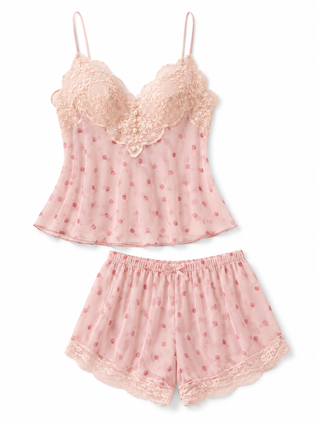 Soft Noir Blush Dotted Lace Cami Pajama Set in blush pink product view