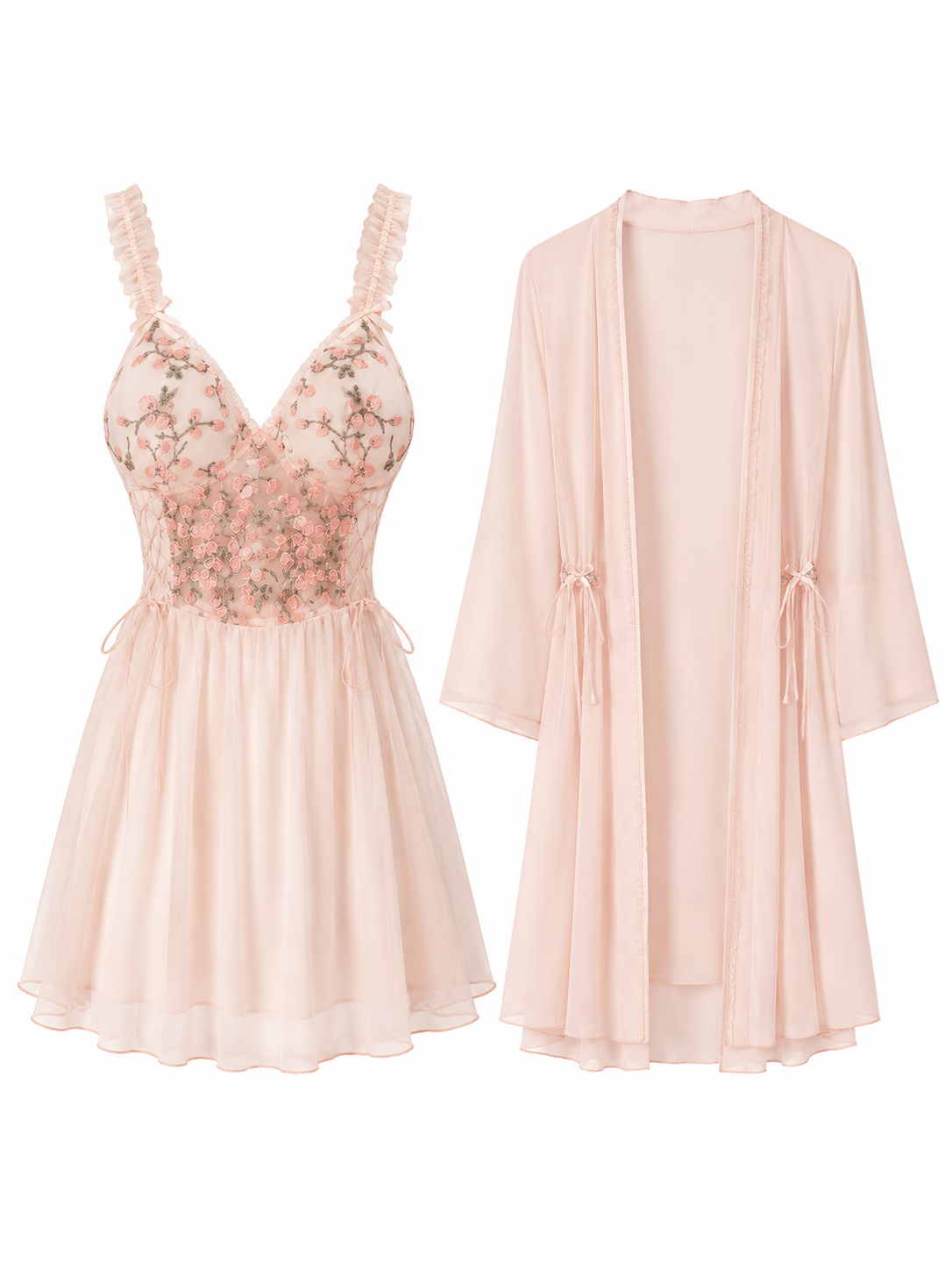 Soft Noir blush pink embroidered floral chemise nightdress and matching robe set on white background