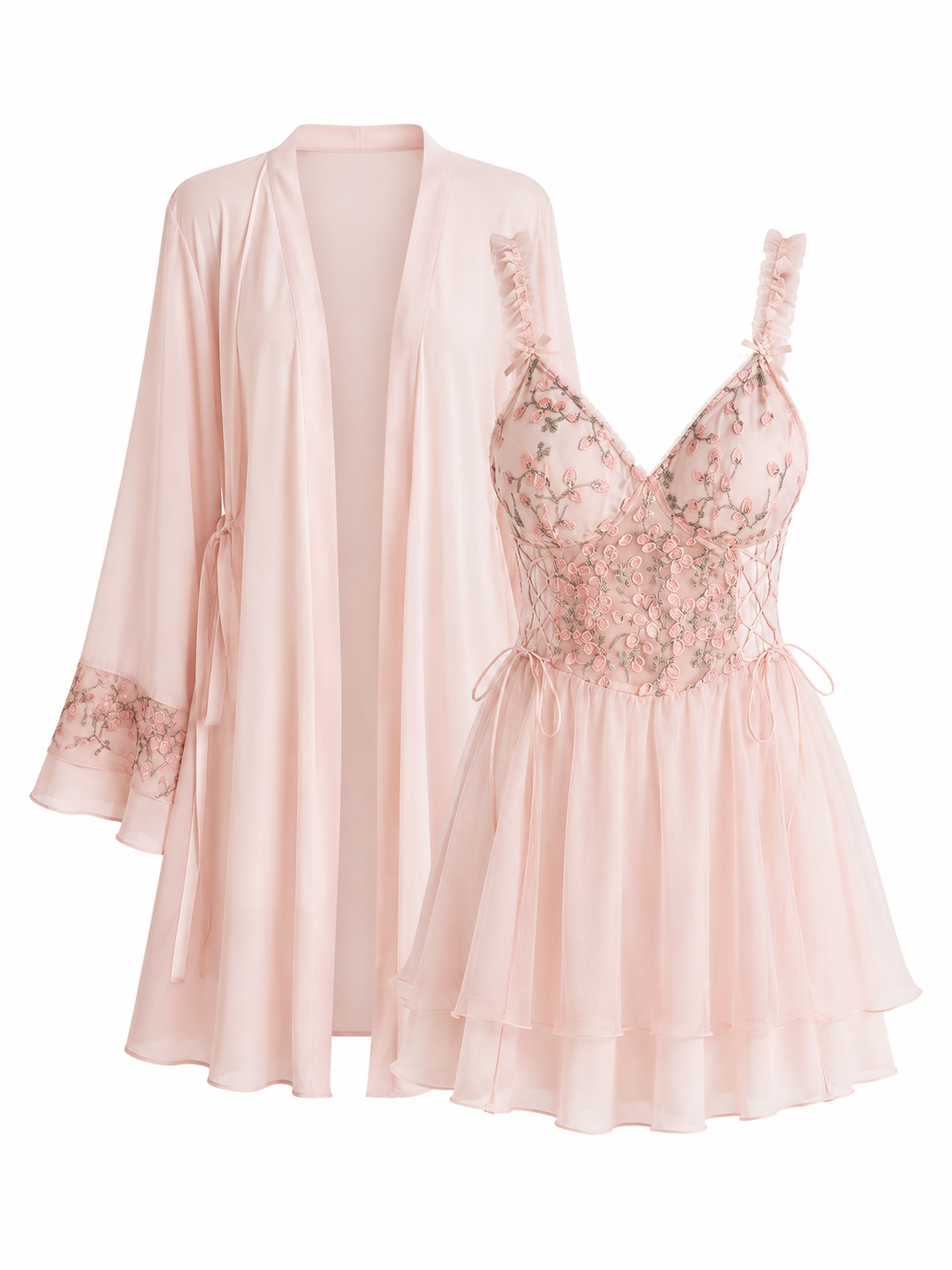 Soft Noir blush pink floral embroidered slip dress and matching robe set on white background
