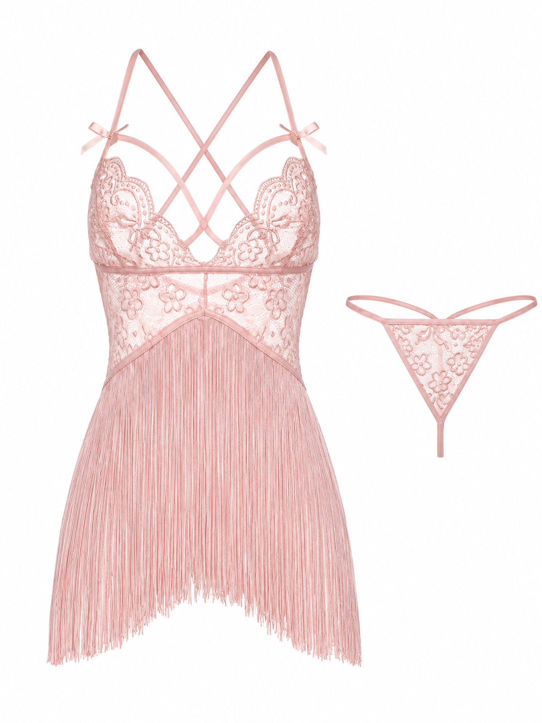 Soft Noir blush pink lace fringe babydoll lingerie set with matching thong on white background