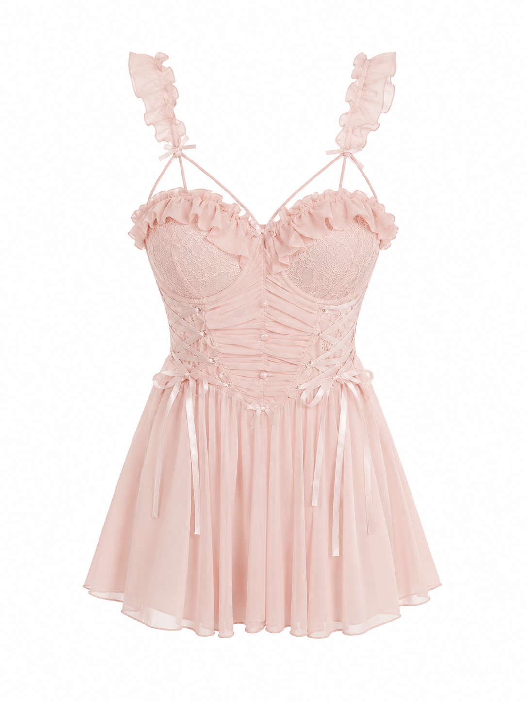 Soft Noir blush pink lace-up mesh babydoll nightdress on white background