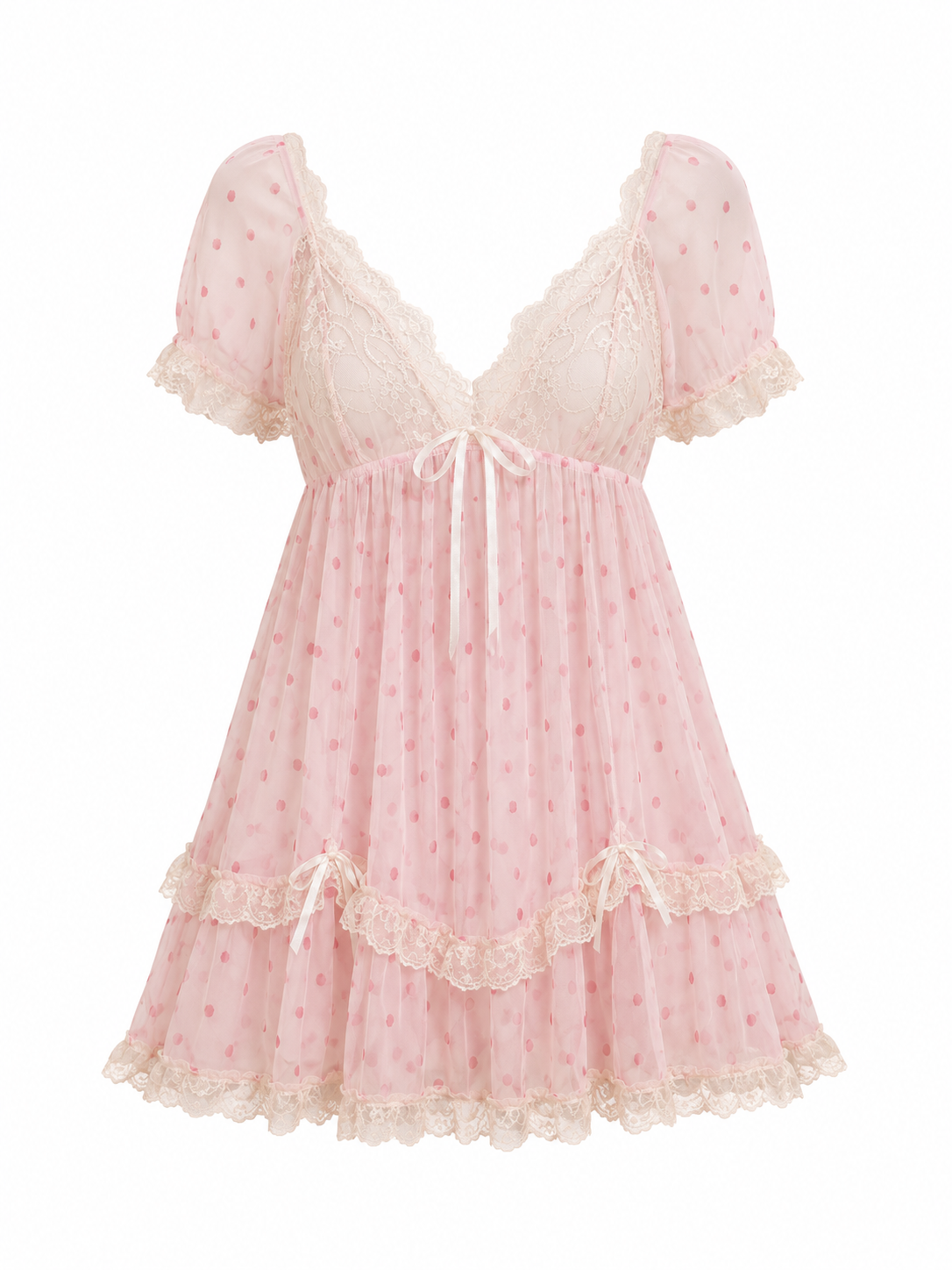 Soft Noir blush pink polka dot lace babydoll nightgown on white background