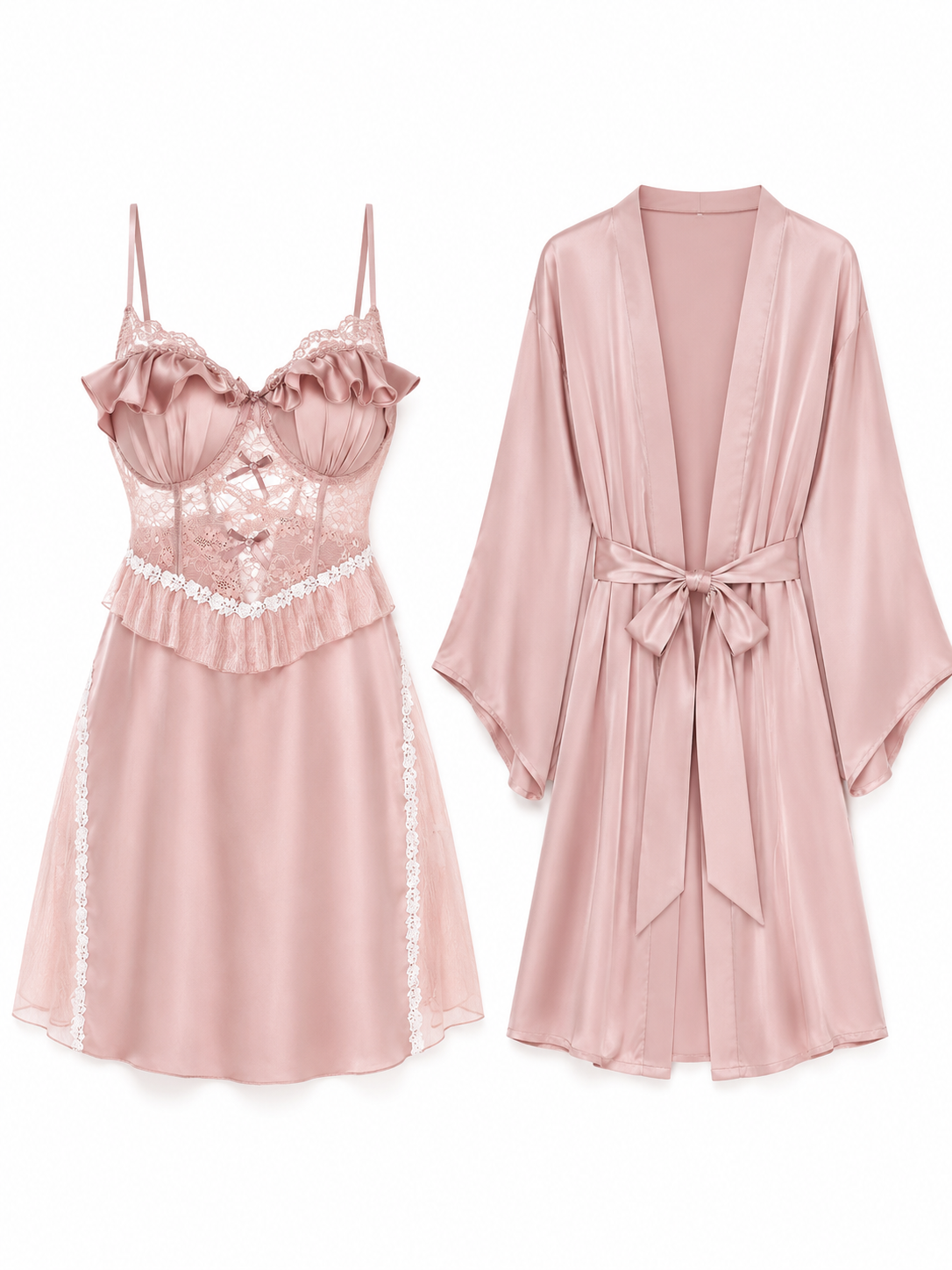 Blush pink satin lace chemise and matching robe set on white background