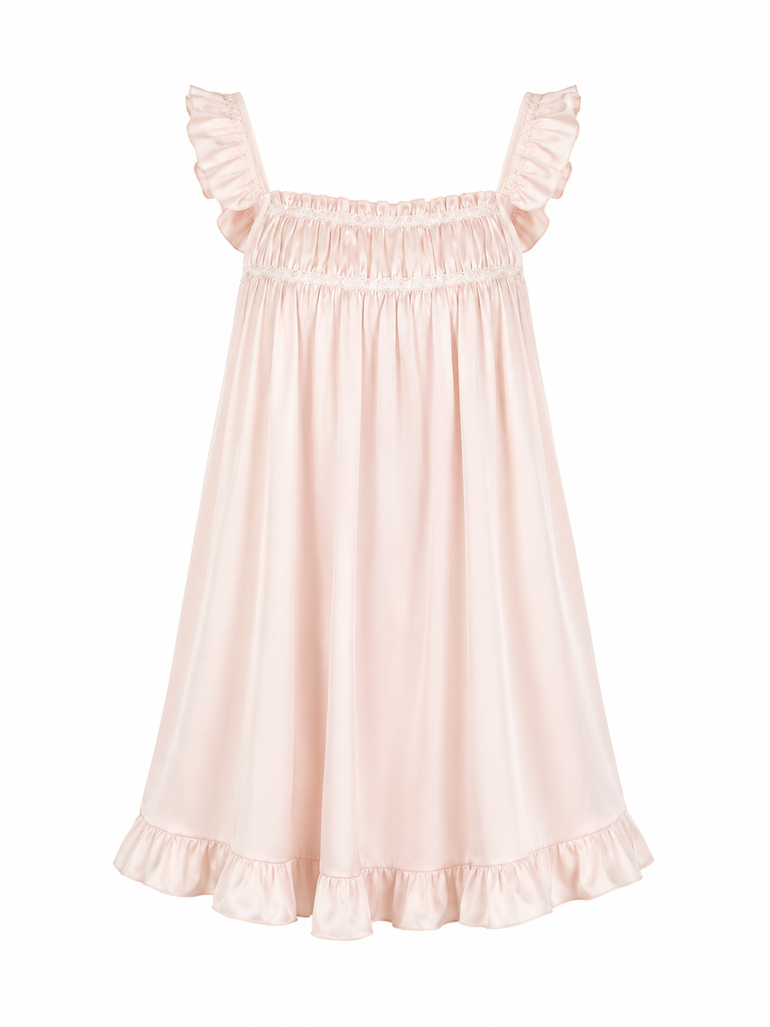 Blush pink satin ruffle strap sleep dress on white background