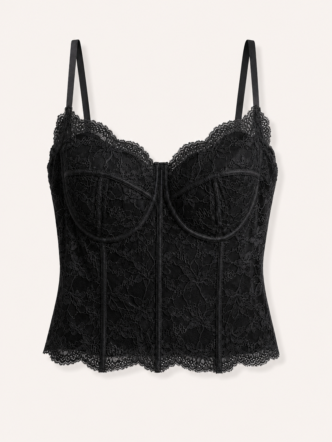 Soft Noir Boned Lace Longline Camisole in black for refined lingerie styling