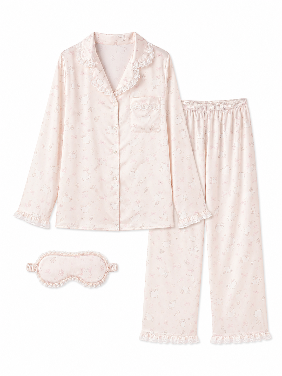 Soft Noir blush ivory bunny print satin pajama set with matching pants and sleep mask on white background