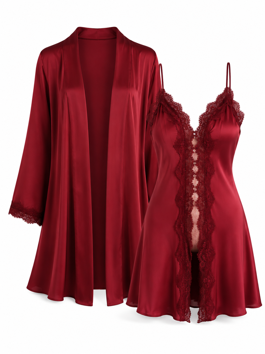 Soft Noir burgundy lace panel satin slip dress and matching robe set on white background