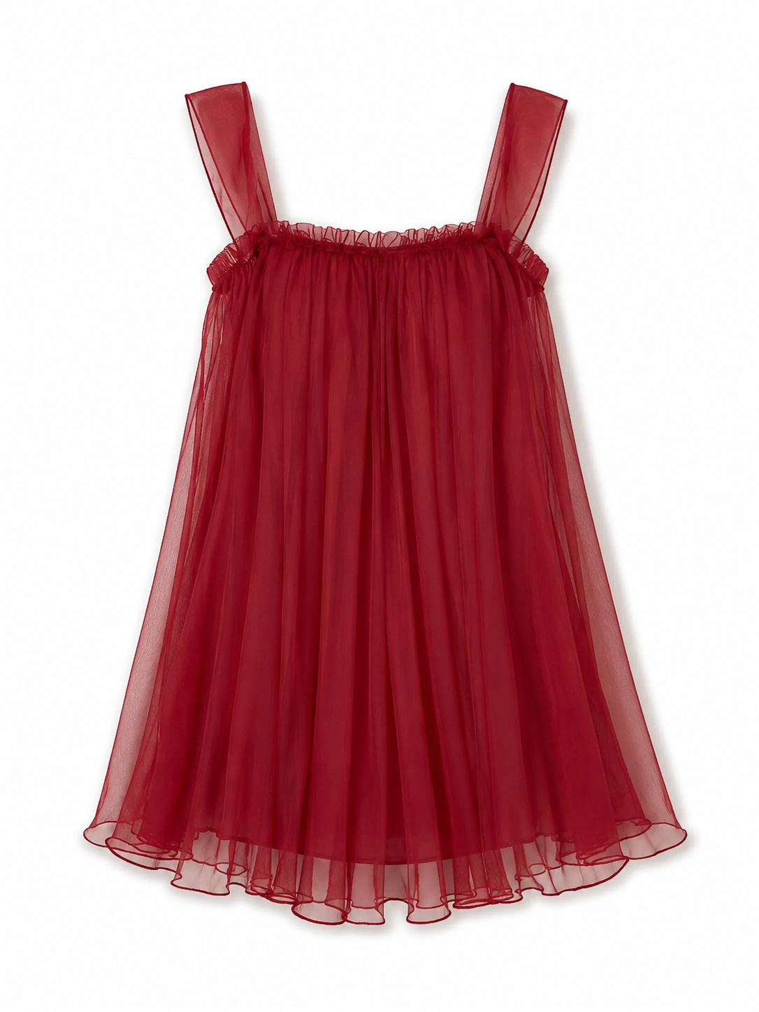 Soft Noir burgundy red sheer tulle babydoll nightgown on white background