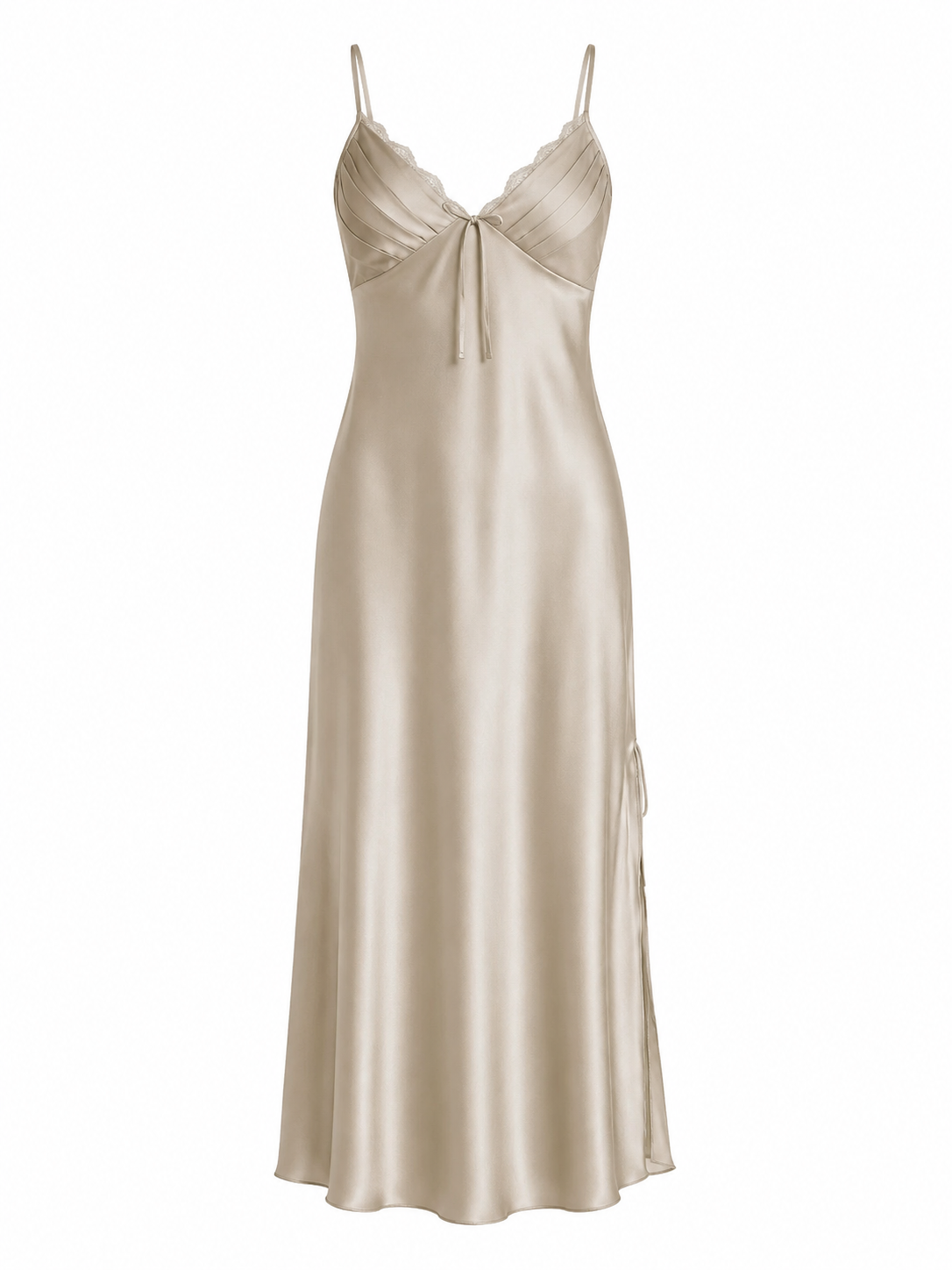 Champagne lace trim satin slip nightgown with adjustable straps