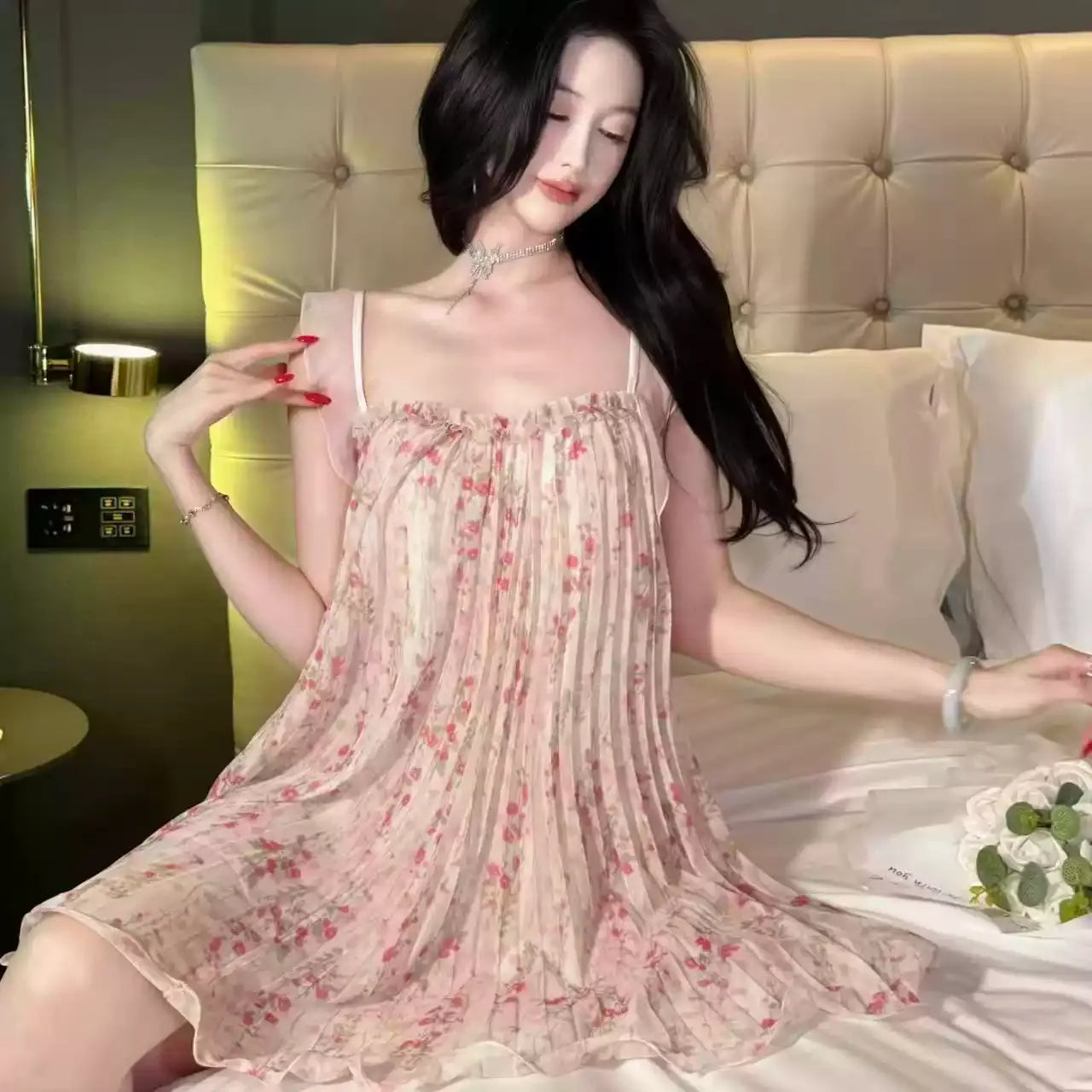 Soft Noir Cherry Mist Floral Pleated Chemise in cherry mist product view