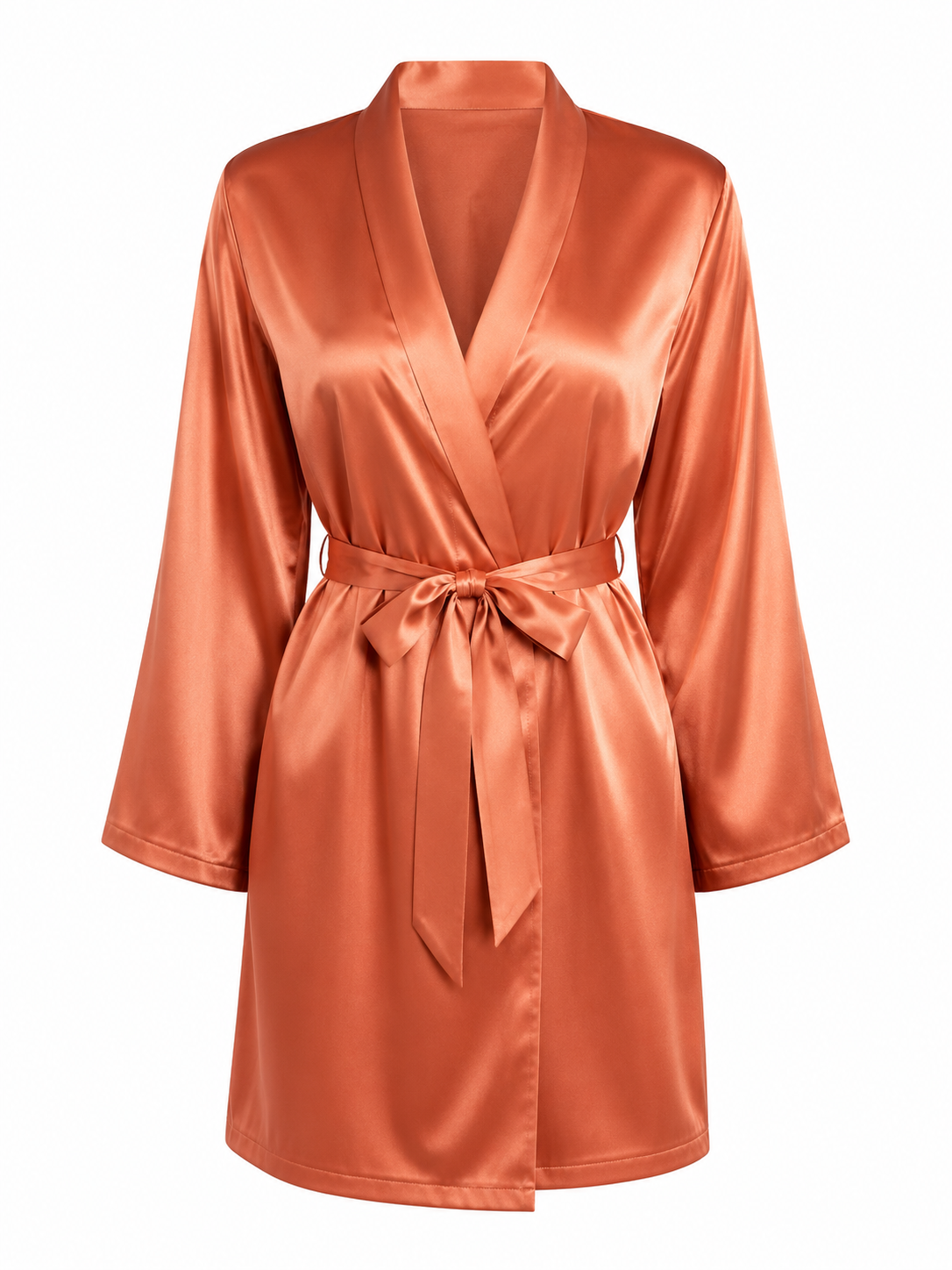 Soft Noir copper satin kimono robe with tie waist on white background