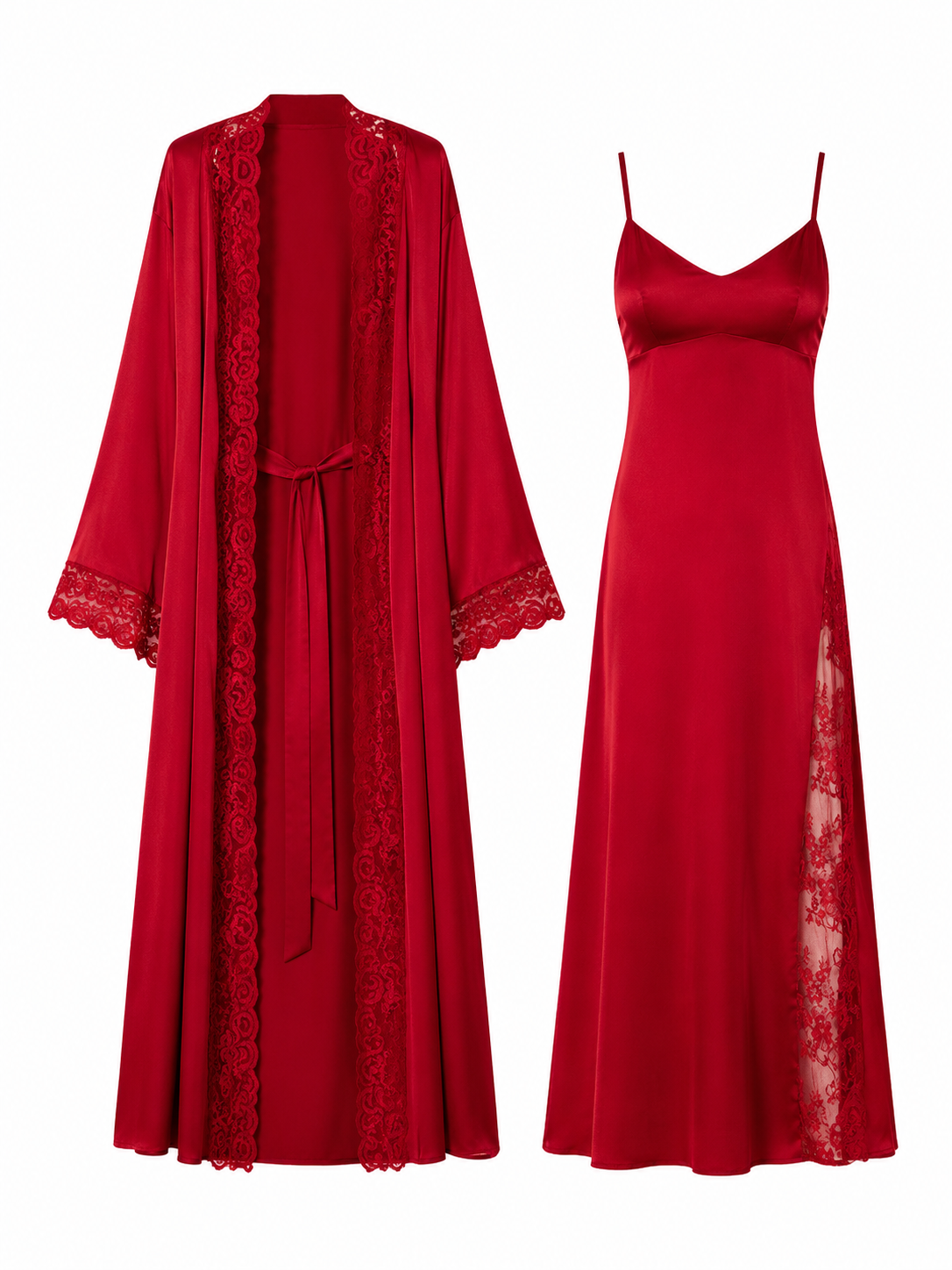 Soft Noir crimson red satin slip dress and lace robe set on white background
