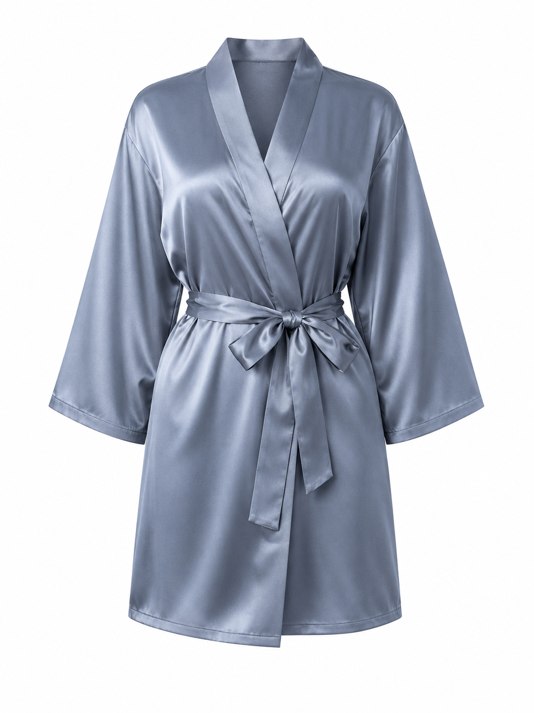 Soft Noir dusty blue satin kimono robe with tie waist on white background