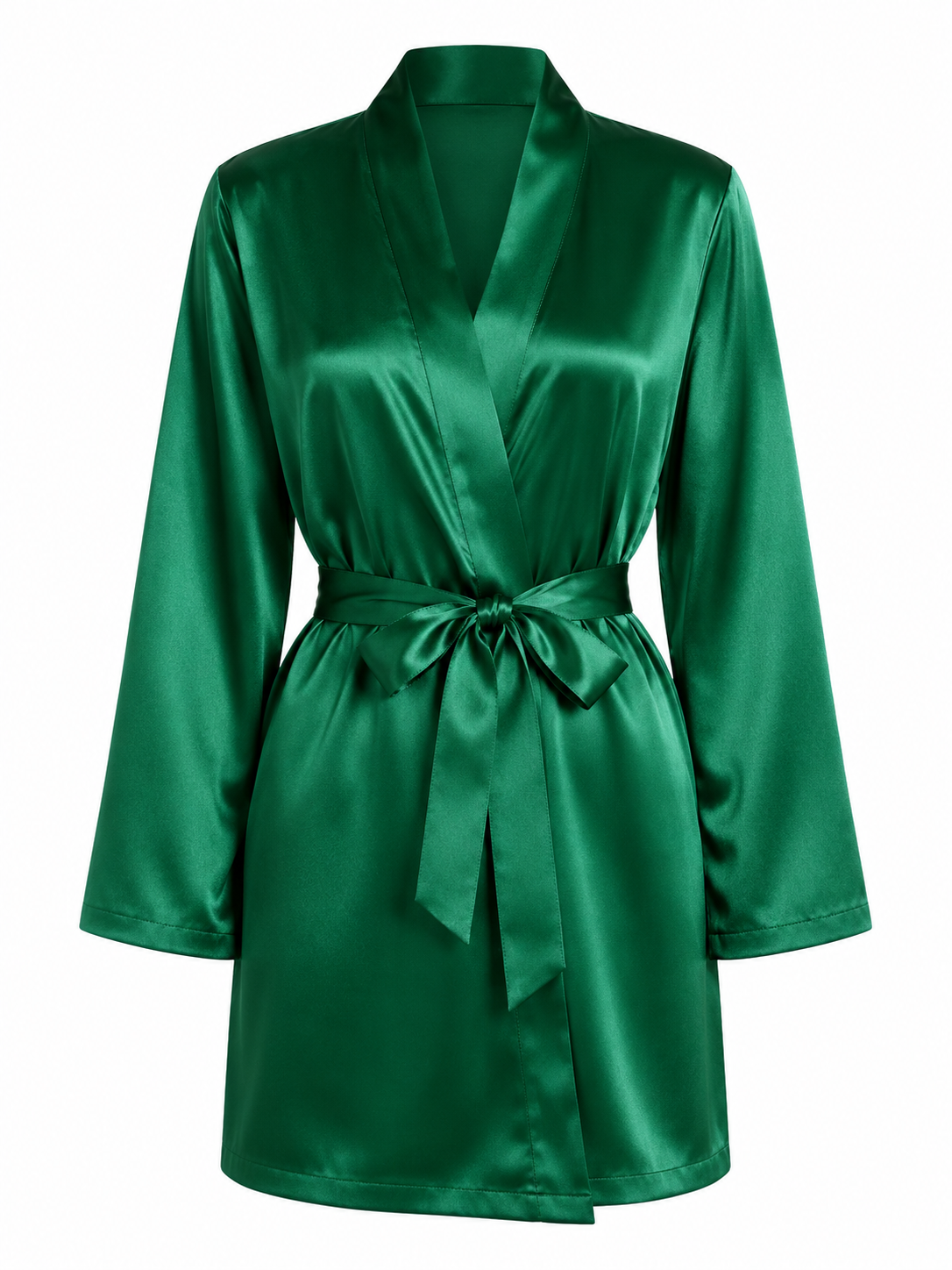 Soft Noir emerald green satin kimono robe with tie waist on white background