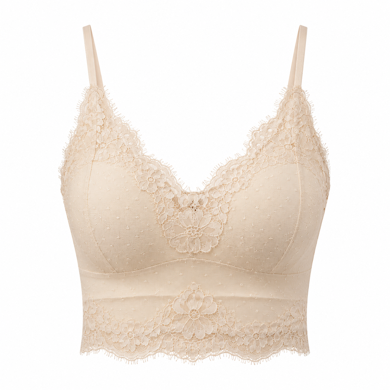 Soft Noir Eyelash Lace Soft Wireless Bra in nude beige for refined lingerie styling