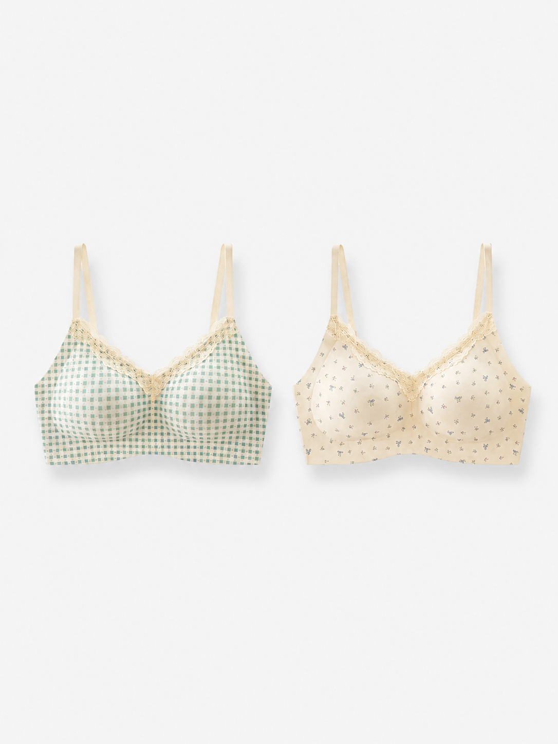 Soft Noir Floral Check Soft Wireless Bra in mint check + cream floral for refined lingerie styling
